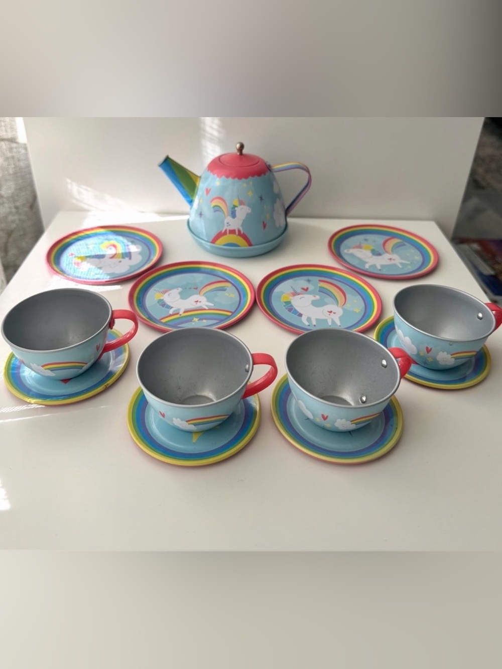 Schylling Unicorn Tin Tea Set 13 Pc Rainbow Kids Tea Party Set - Picture 3 of 5